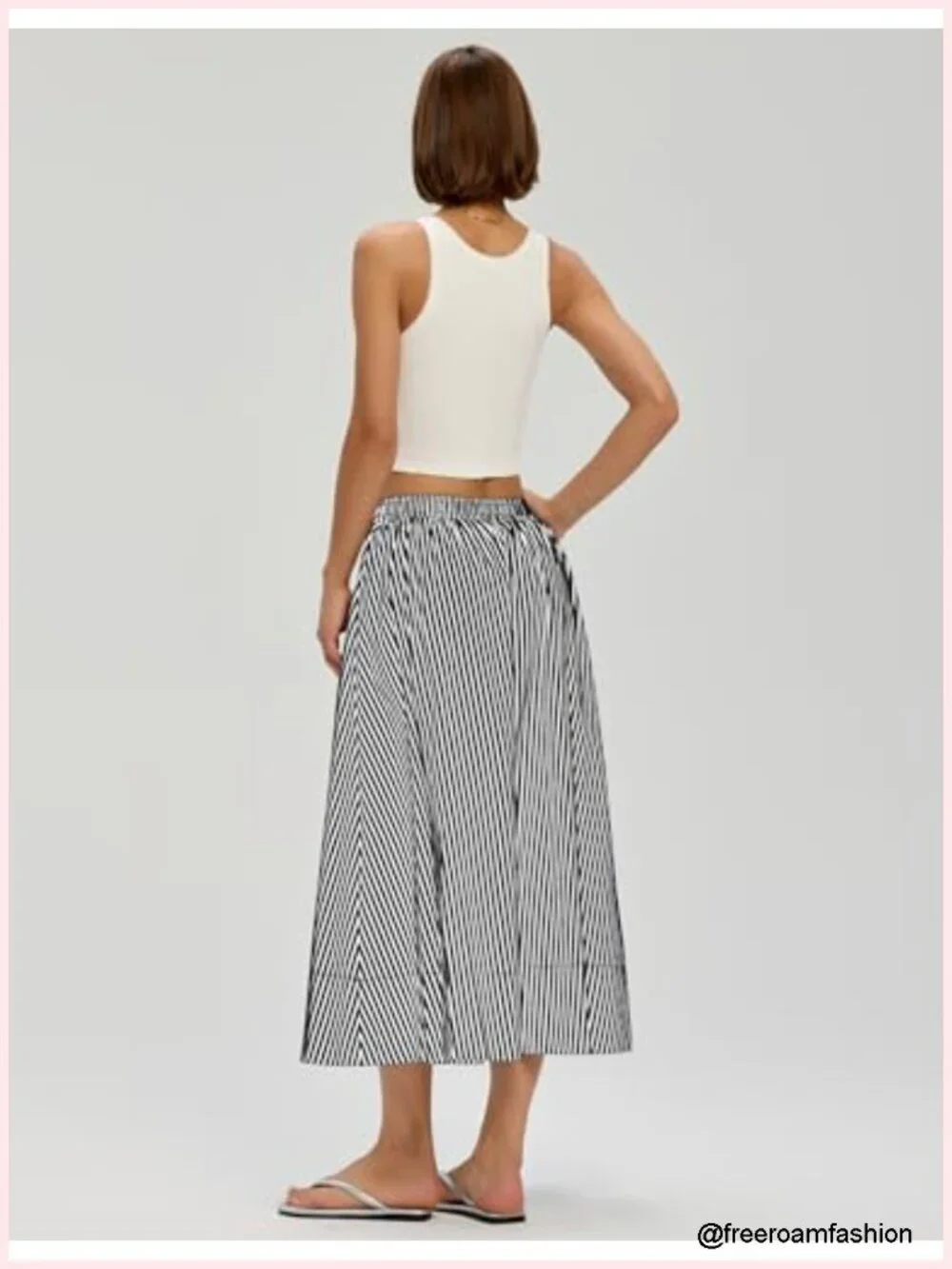 Midi Skirt A-Line Cotton Flowy Elastic Waist with Pockets Summer Casual